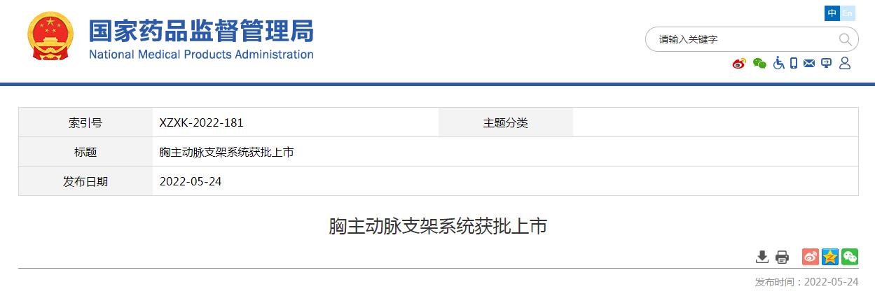 国家药监局发布胸主动脉支架系统获批上市消息