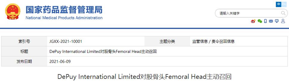 DePuy International Limited对股骨头Femoral Head主动召回