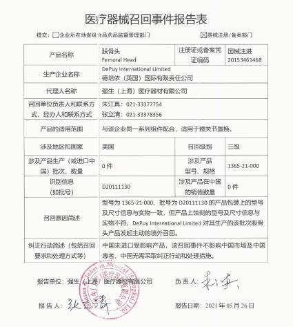 DePuy International Limited对股骨头Femoral Head主动召回