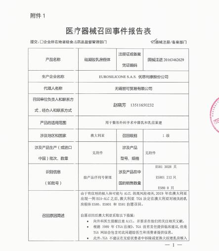 EUROSILICONE S.A.S.对Mammary Implantable Paragel主动召回
