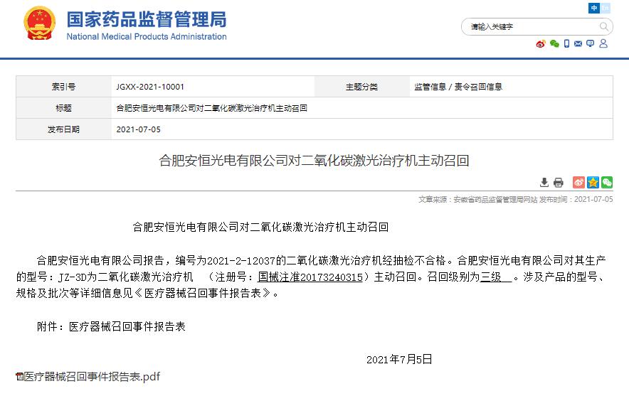 合肥安恒光电有限公司对二氧化碳激光治疗机主动召回