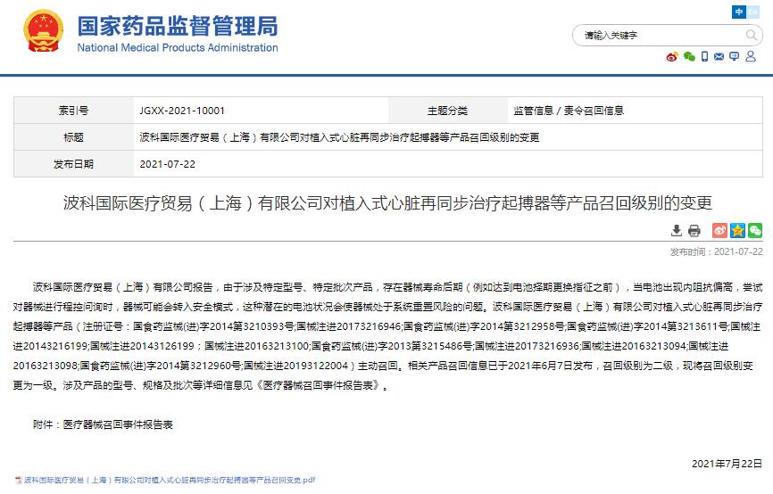 波科国际医疗贸易（上海）有限公司对植入式心脏再同步治疗起搏器等产品召回级别的变更