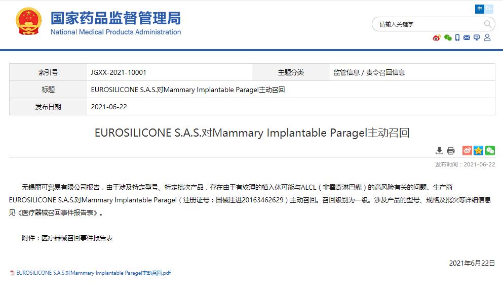 EUROSILICONE S.A.S.对Mammary Implantable Paragel主动召回