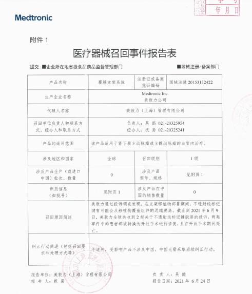 美敦力公司Medtronic Inc.对覆膜支架系统Endurant II Stent Graft System主动召回