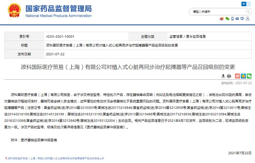 波科国际医疗贸易（上海）有限公司对植入式心脏再同步治疗起搏器等产品召回级别的变更
