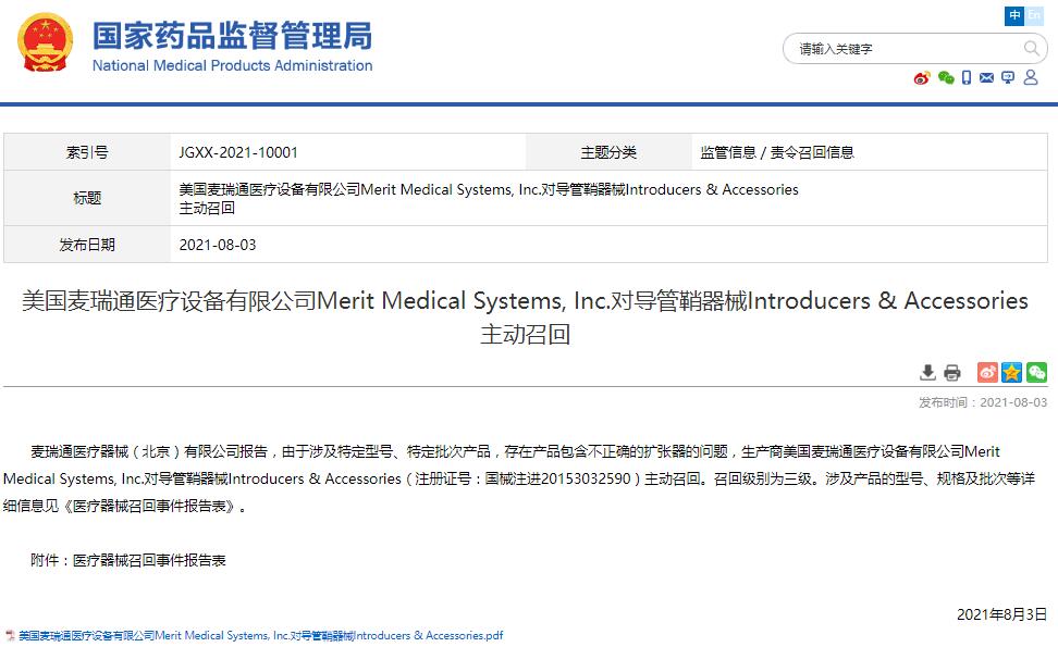 美国麦瑞通医疗设备有限公司Merit Medical Systems, Inc.对导管鞘器械Introducers & Accessories主动召回