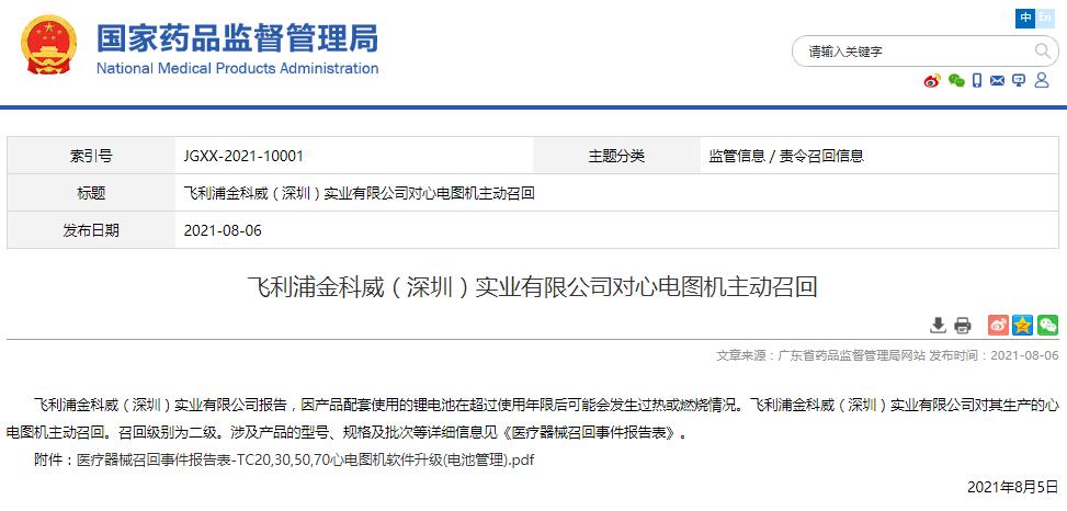 飞利浦金科威（深圳）实业有限公司对心电图机主动召回